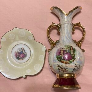 Vintage Decorative Vase and Plate Set with Gold Accents